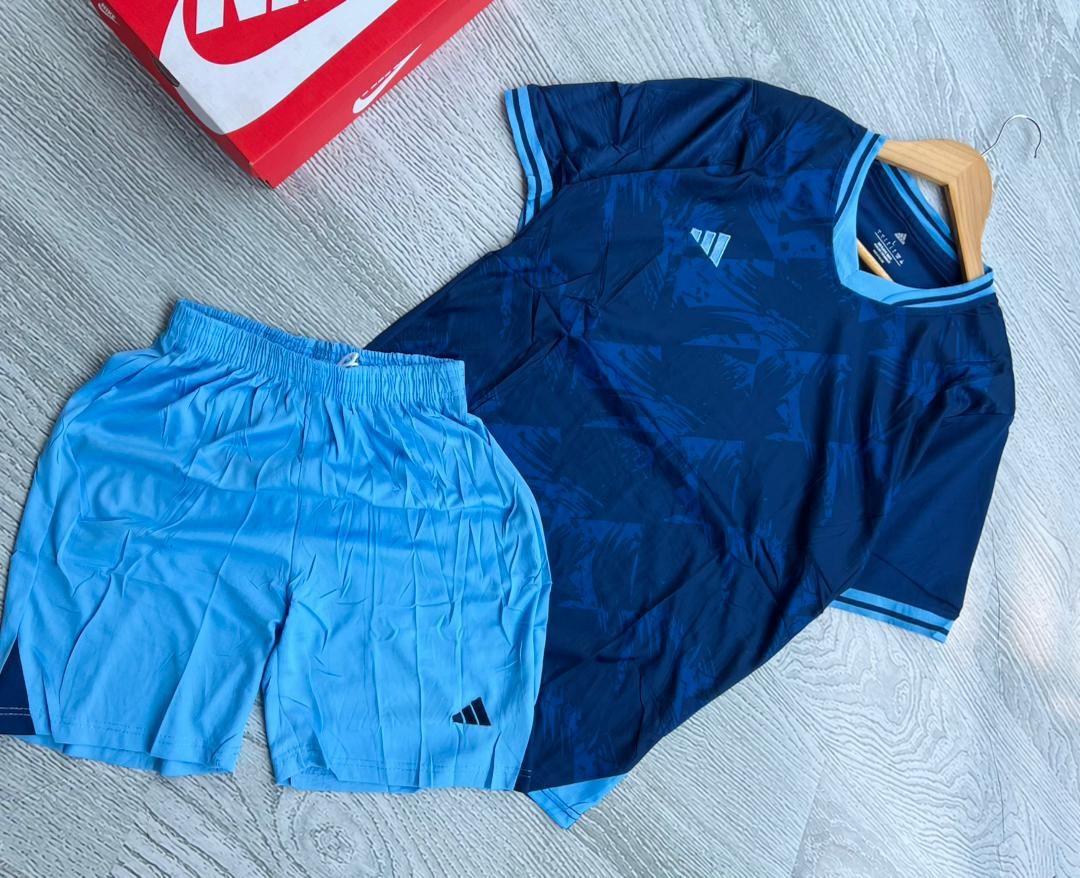 A sports jersey and shorts set, part of our ready-to-brand promotional sportswear range